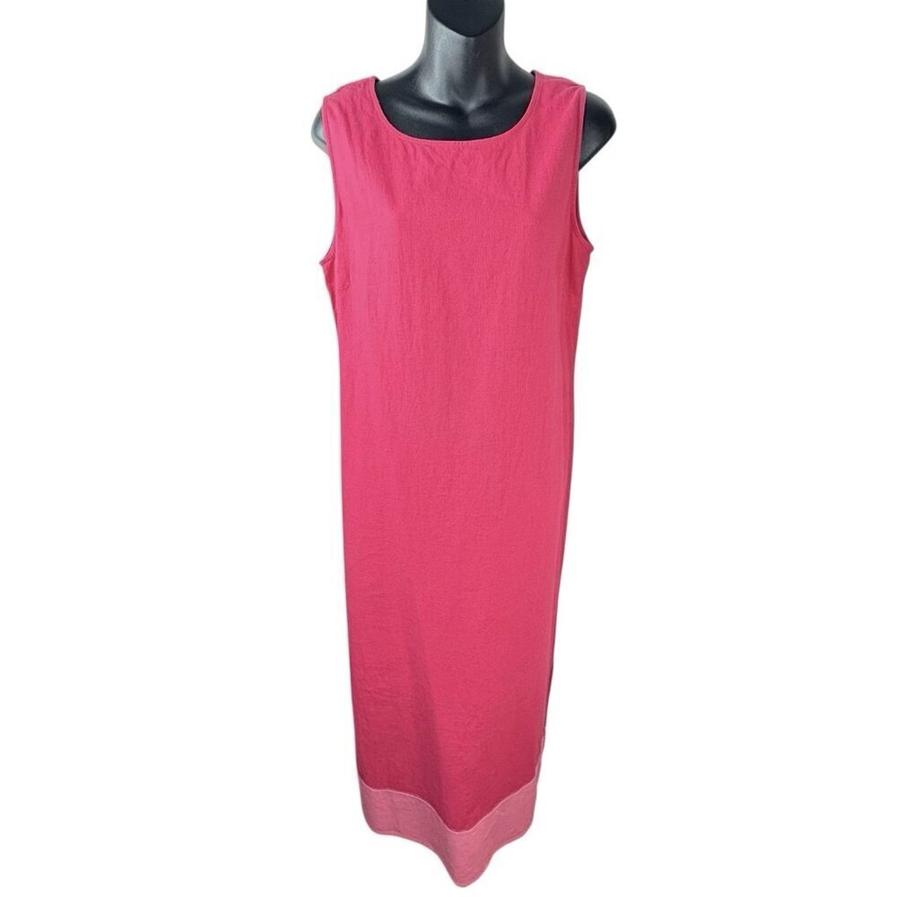 Vintage Y2K Tropical Linen Blend Pink Sleeveless Maxi Dress Embroidered Women M